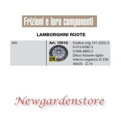 Disque d'embrayage rigide 40x35 230mm Z14 tracteur 15912 LAMBORGHINI ROUES 345 | NewgardenAgri.com