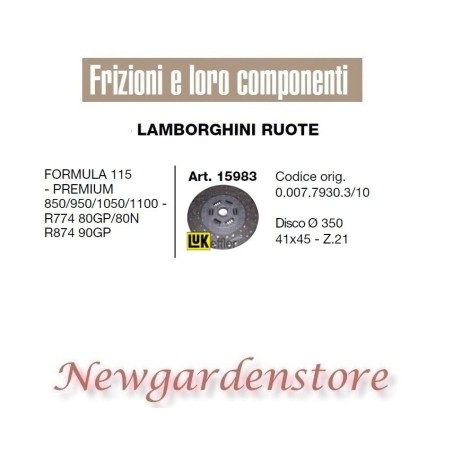 Disque de tracteur 15983 LAMBORGHINI 350mm Formula 115 Premium 850 950 1050 1100 | NewgardenAgri.com