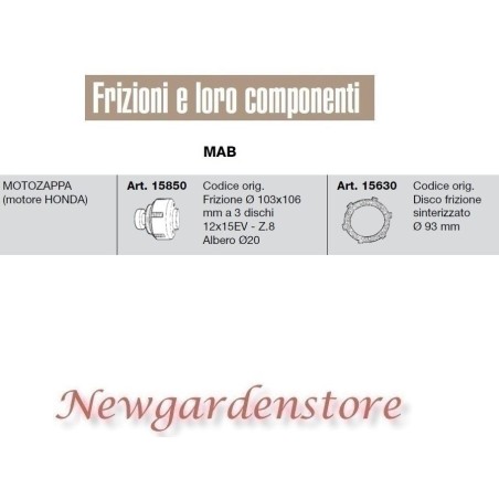 Embrague 103x106 12x15 Z8 disco motocultor compatible MAB HONDA 15850 15630 | NewgardenAgri.com