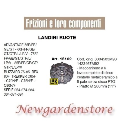 Embrayage 15162 280mm LANDINI WHEELS ADVANTAGE BLIZZARD 254 274 284 364 374 | NewgardenAgri.com