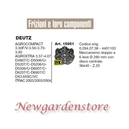 Frizione 15951 trattore DEUTZ Agrocompact 3.30 Agroxtra Itrac 36x40 Z20 280mm | NewgardenAgri.com