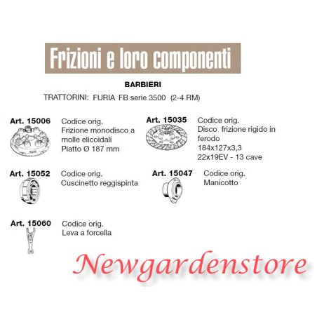 Frizione disco manicotto leva cuscinetto trattorino FURIA serie 3500 BARBIERI | NewgardenAgri.com