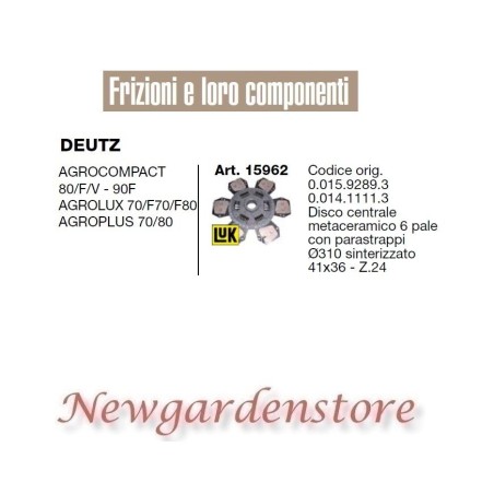 Disco ferodo frizione 15962 trattore DEUTZ Agrocompact 80 Agrolux Agroplus 41x36 | NewgardenAgri.com