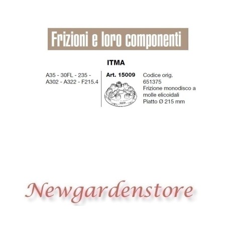 Disco frizione 15009 trattore ITMA A35 30FL 235 A302 A322 F21.4 piatto 215mm | NewgardenAgri.com