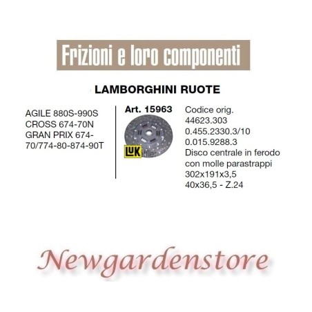 Disco frizione 40x36,5 trattore LAMBORGHINI 15963 Agile Cross Prix 302x191x3,5 | NewgardenAgri.com