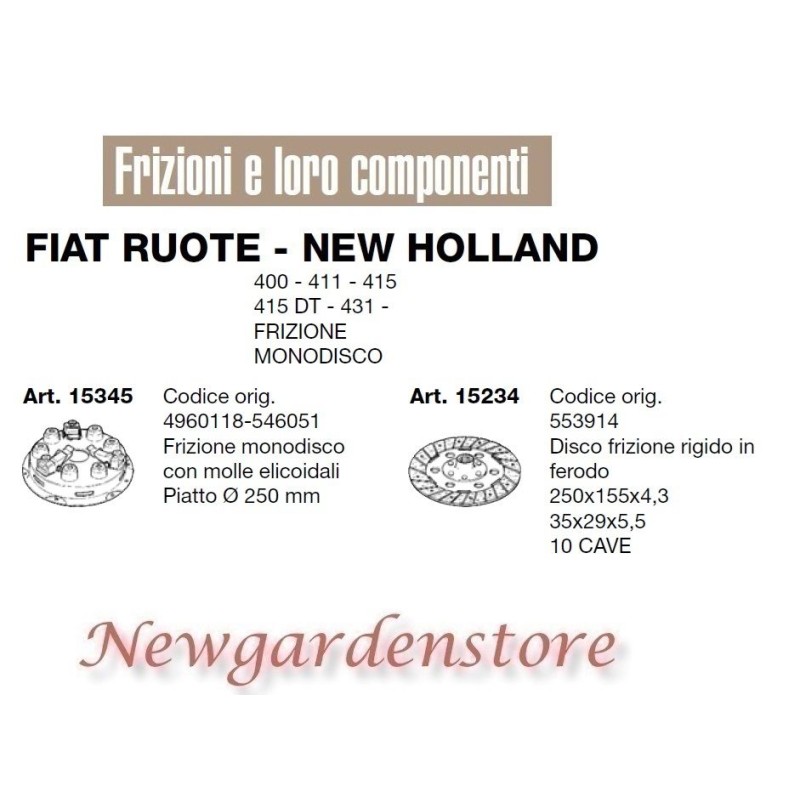 Disque d'embrayage compatible tracteur 400 411 415 FIAT ROUES NEW HOLLAND 15345 | NewgardenAgri.com