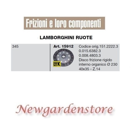 Disco frizione rigido 40x35 230mm Z14 trattore 15912 LAMBORGHINI RUOTE 345 | NewgardenAgri.com