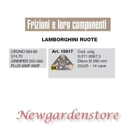 Traktor-Kupplungsscheibe LAMBORGHINI 15917 Crono 564.60 Grimper Plus 22x25 280mm | NewgardenAgri.com