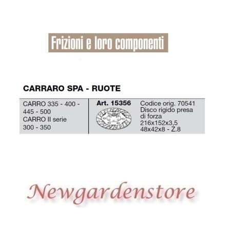 Disque de prise de force 15356 tracteur CARRARO SPA ROUES 335 400 445 500 300 | NewgardenAgri.com