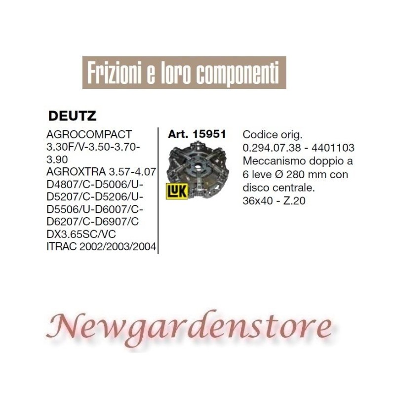 Frizione 15951 trattore DEUTZ Agrocompact 3.30 Agroxtra Itrac 36x40 Z20 280mm