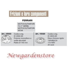 Frizione disco compatibile FERRARI motocoltivatore 72 1°serie MC68 15003 15020 | NewgardenAgri.com