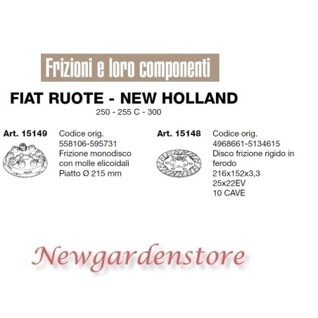 Embrayage à disque compatible tracteur 250 255C 300 FIAT ROUES NEW HOLLAND 15149 | NewgardenAgri.com