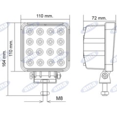 Arbeitsscheinwerfer 16 LED 110x110mm 10-30V 48W 3200LM verkabelt 40-60cm | NewgardenAgri.com