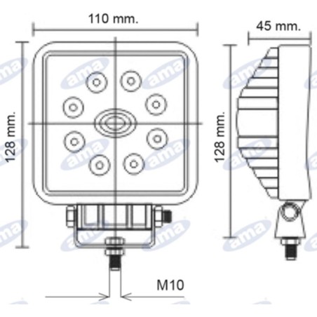 Faro lavoro 8 LED 110x128mm 10-30V 24W 1440LM cablaggio 40-60cm macchina agricola