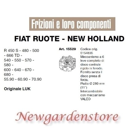 Mecanismo de embrague 6 palancas plano 280mm R450 480 500 15529 FIAT NEW HOLLAND LUK | NewgardenAgri.com