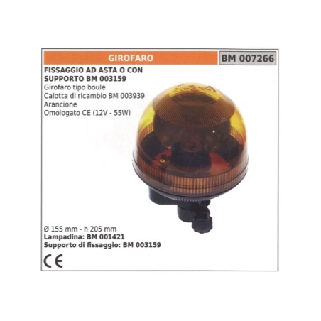 Baliza giratoria naranja tipo boule 12V - 55W Ø 155mm altura 205 mm montaje con varilla | NewgardenAgri.com