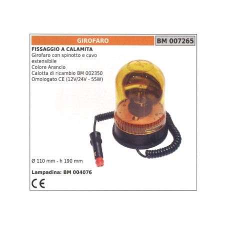 Baliza giratoria naranja con clavija y cable extensible 12V/24V - 55W Ø 110 mm | NewgardenAgri.com