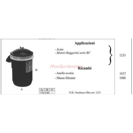 Filtro de aceite RUGGERINI para motocultor RF 1233 | NewgardenAgri.com