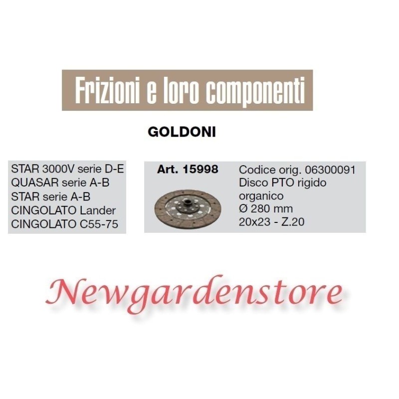 Disco PTO 15998 rigido frizione trattore GOLDONI STAR QUASAR CINGOLATO 20x23 Z20