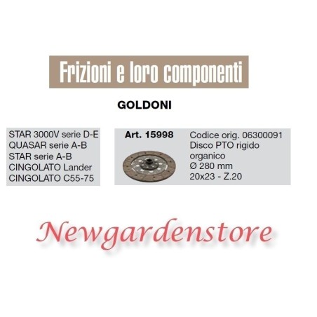 PTO disc 15998 rigid tractor clutch GOLDONI STAR QUASAR CINGOLATO 20x23 Z20 | NewgardenAgri.com