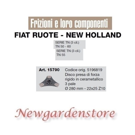 Disco de embrague TDF tractor serie TN 50 60 FIAT NEW HOLLAND 15790 280mm | NewgardenAgri.com