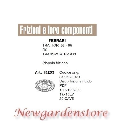 Disco frizione compatibile trattorino 95 Transporter 933 FERARRI 15263 20cave | NewgardenAgri.com