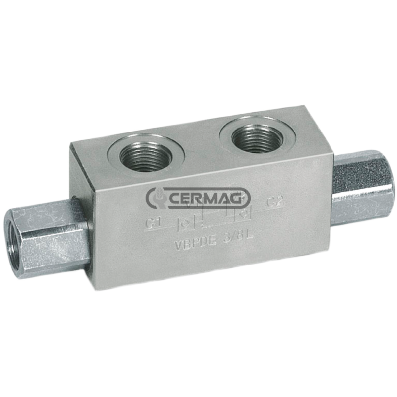 Double acting in line pilot operated block valve Flow rate 50 l/min Connections V1-V2-C1-C2 3/8" COMPATIBLE GAS - 82217