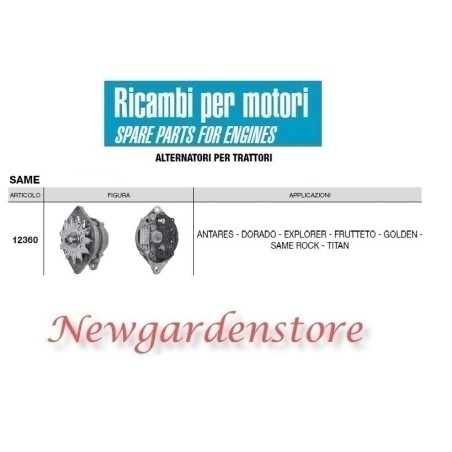 Alternatore 12360 SAME trattore motore DORADO EXPLORER GOLDEN 14volt 65 ampere | NewgardenAgri.com