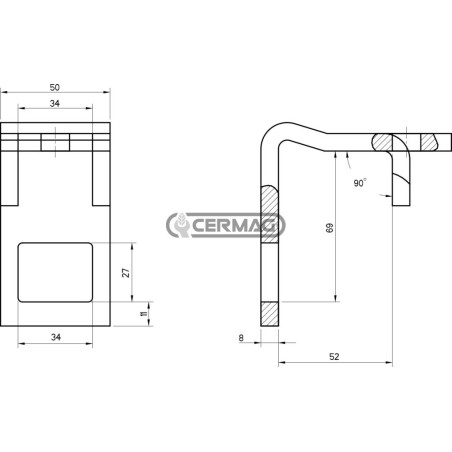 Soporte de doble hoja para muelles y refuerzo. Dimensiones: 50 x 8 mm. Marco: 50 x 50 mm. 57159 BIANCHI