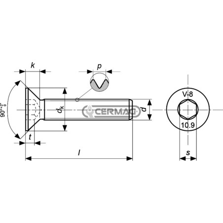 Vis à tête fraisée hexagonale creuse, zinguée blanche, filetage M8x1,25x50 mm 64753