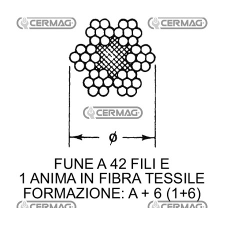 Cable trenzado de acero galvanizado con núcleo central de fibra textil. Diámetro: 6 mm. Alambres: 42. 60035.