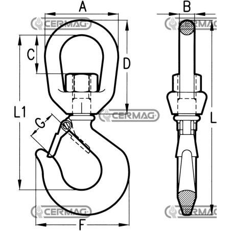 Carbon-Drehhaken mit Sicherheitsverschluss, Tragkraft 750 kg, 61929