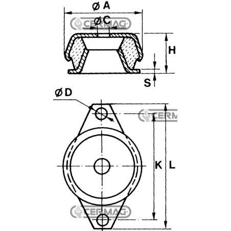 Soporte antivibración en forma de campana. Diámetro: 62 mm. Altura: 30 mm. 60683
