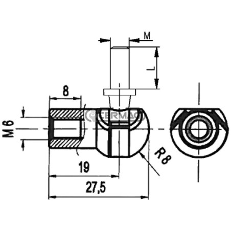 Cabeza metálica para resortes de gas. Rosca M8x13 mm. 63556. Fabricado en Italia.