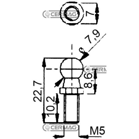 Pasador esférico para resortes de gas. Rosca M5x10 mm. 63606. Fabricado en Italia.