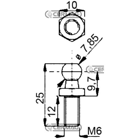 Pasador esférico para resortes de gas. Rosca M6x12 mm. 63602. Fabricado en Italia.