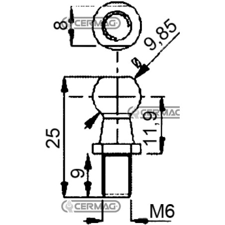 Pasador esférico para resortes de gas. Rosca M6x9 mm. 63605. Fabricado en Italia.