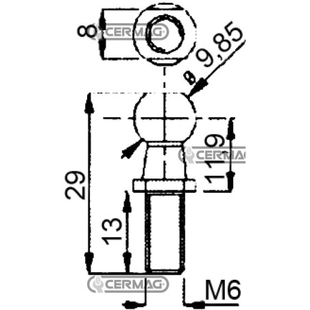 Pasador esférico para resortes de gas. Rosca M6x13 mm. 63604. Fabricado en Italia.