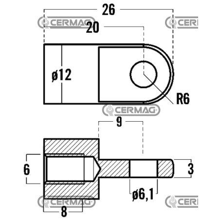 Ojal roscado para resortes de gas. Rosca M6x8 mm. Diámetro del orificio: 6,1 mm. 63642. Fabricado en Italia. | NewgardenAgri.com