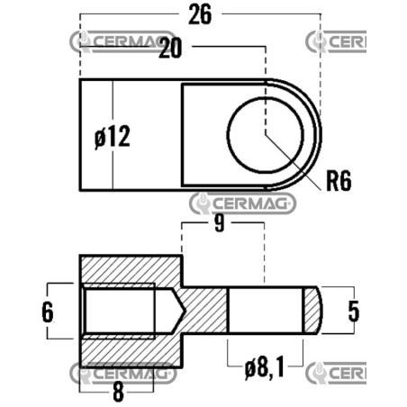 Ojal roscado para resortes de gas. Rosca M6x8 mm. Diámetro del orificio: 8,1 mm. 63641. Fabricado en Italia. | NewgardenAgri.com