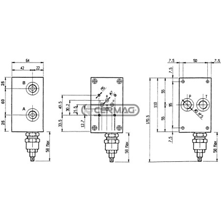 Placa simple para electroválvula CETOP3 con válvula de alivio 82052