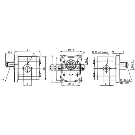 Bomba de engranajes PLP30 y tapa PLP35. Cilindrada 51 cm³. Rotación izquierda. 83777 Casappa