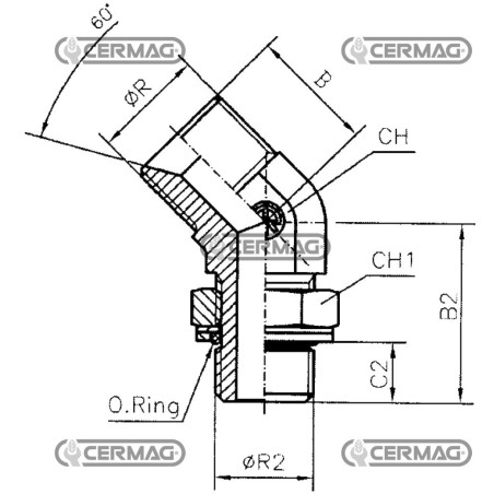 Adaptateur pivotant à 45° avec filetage OR - R BSPP 1" Filetage gaz - R2 BSPP 3/4" Gaz 83411