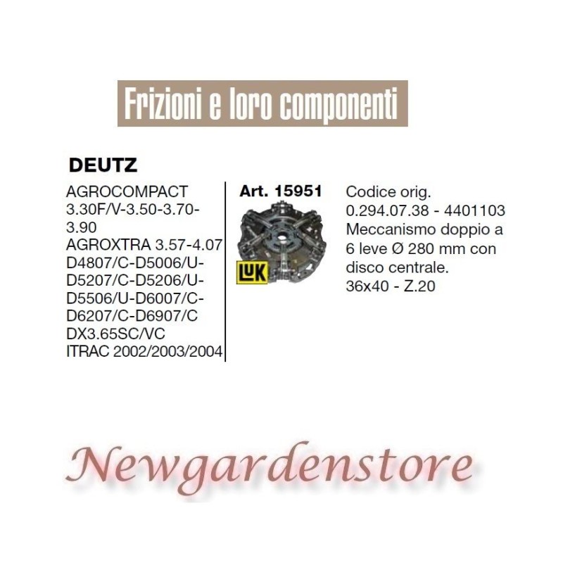 Embrague 15951 DEUTZ Agrocompact 3.30 Agroxtra Itrac 36x40 Z20 280mm tractor Embrague 15951 DEUTZ Agrocompact 3.30 Agroxtra Itrac 36x40 Z20 280mm tractor